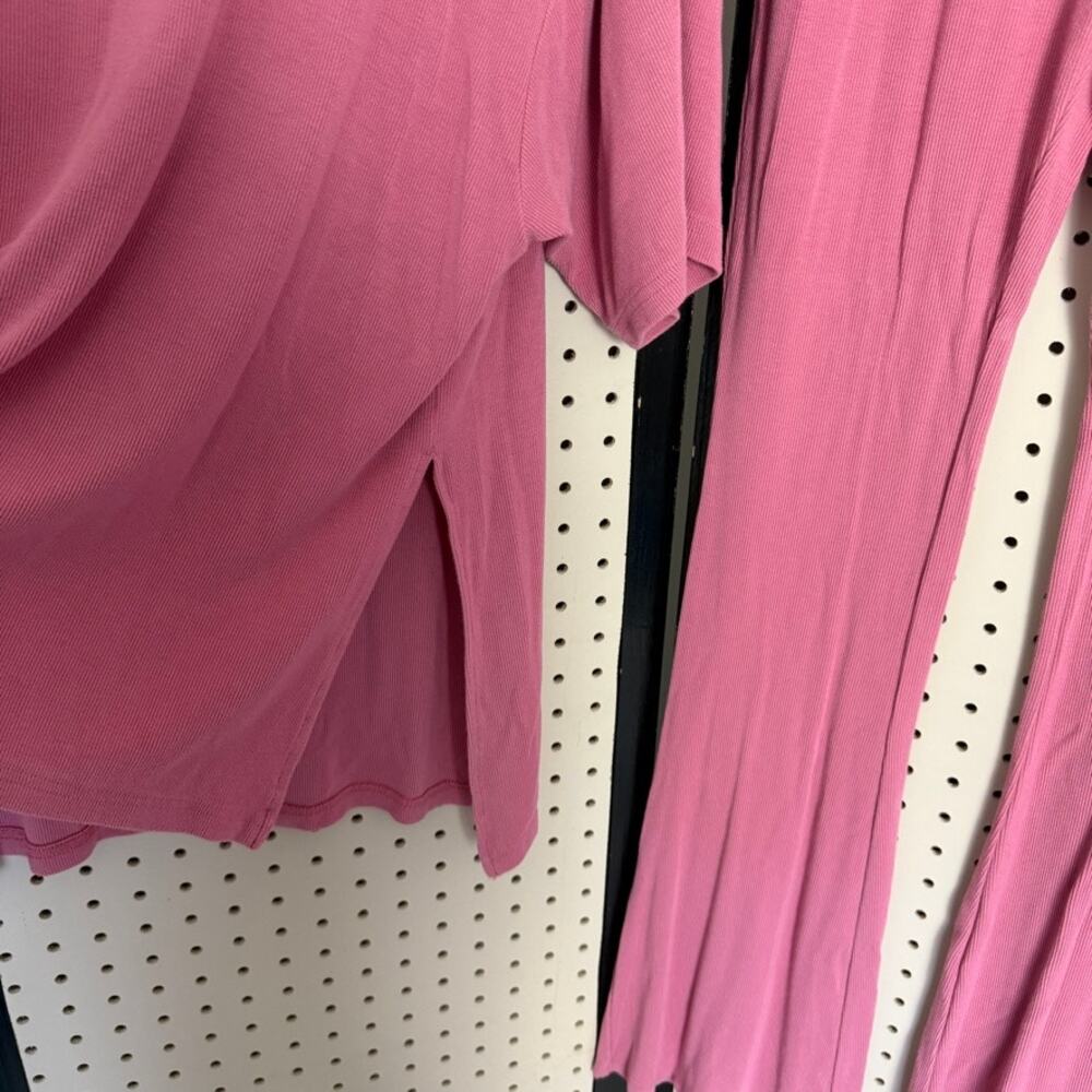 Foxy Kind Pink Ribbed Lounge Set Flare Leg Pants Oversized Shirt S - Picture 6 of 6